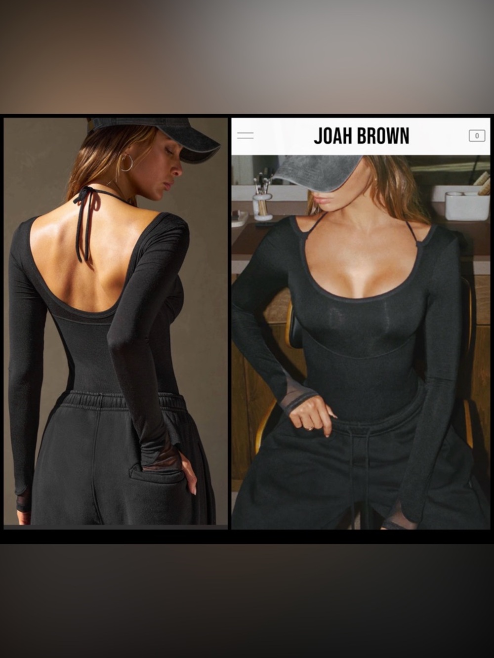 JOAH BROWN BLACK Flex RIB SCOOP CORSET LONG SLEEVE TIE BACK OF NECK TOP NWT M L